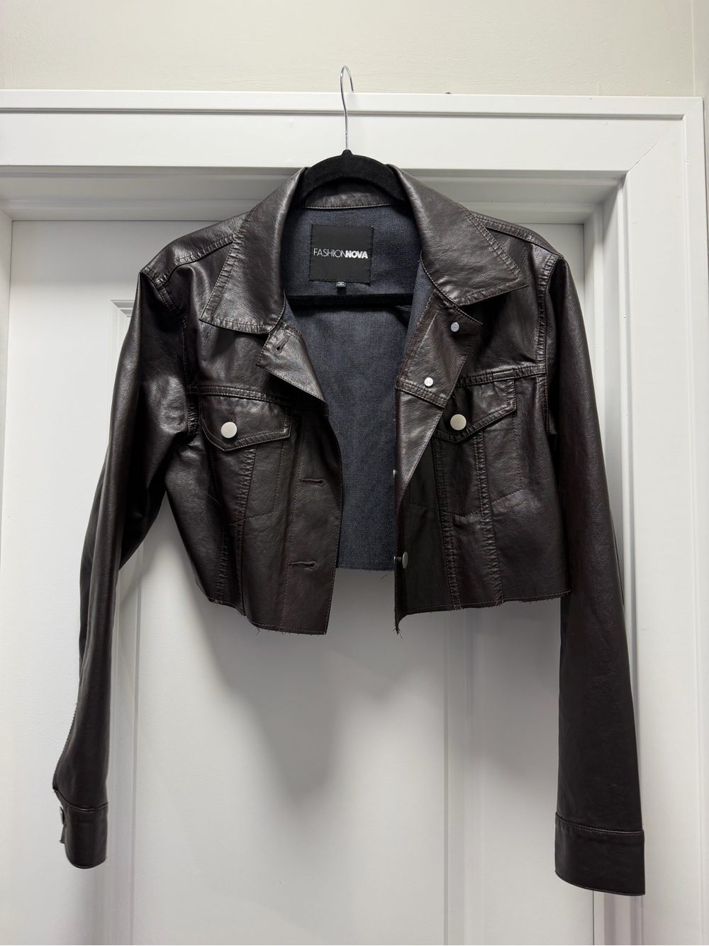 Fashion Nova Cropped Leather Jacket - Dark Brown
